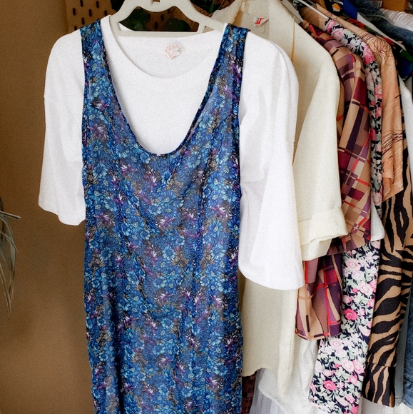 Handmade blue floral semi sheer midi dress zipper back navy sleeveless vintage - Picture 6 of 7